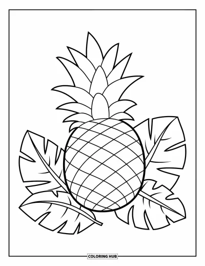 Coloriage d'ananas pour enfants : Ananas vu de côté avec des feuilles doucement enroulées autour de lui