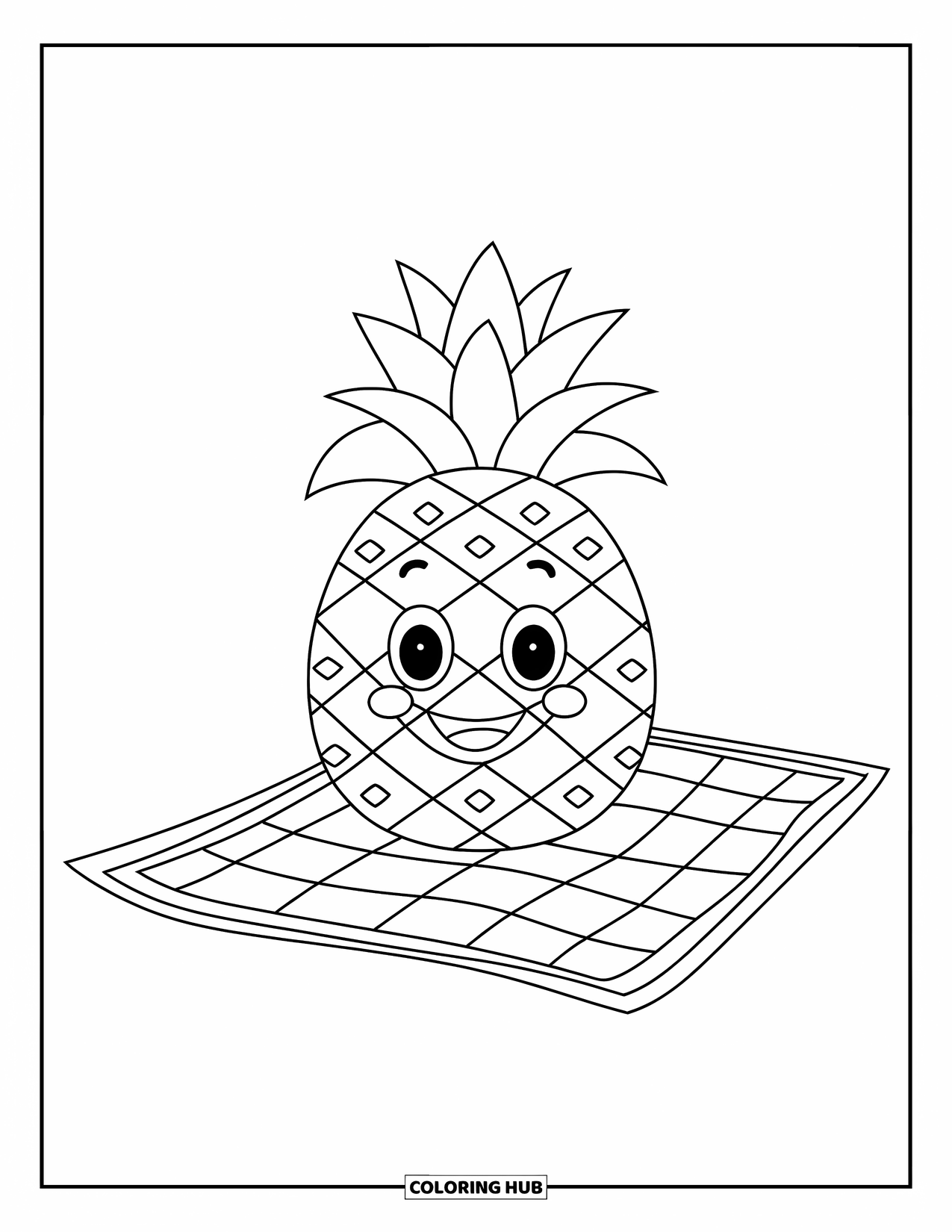 Pineapple Coloring Page for Kids: Smiling pineapple on a red mat, surrounded by picnic goodies