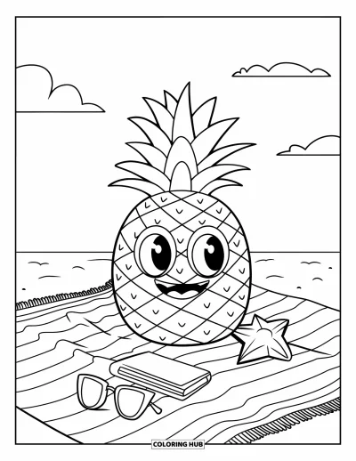 Coloriage d'ananas pour enfants : Ananas souriant allongé sur une serviette de plage avec un roman et des lunettes de soleil