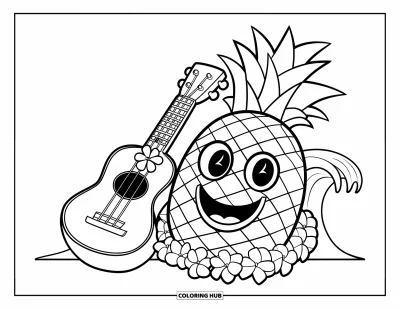 Coloriage d'ananas pour enfants : Ananas souriant avec un collier de fleurs et un ukulélé au bord de l'océan