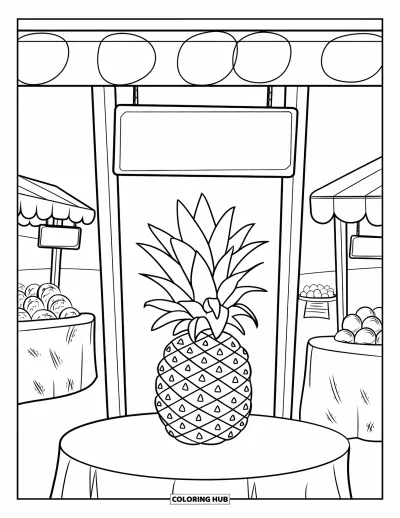Coloriage d'ananas pour enfants : Stand de marché estival avec un ananas posé sur un étal