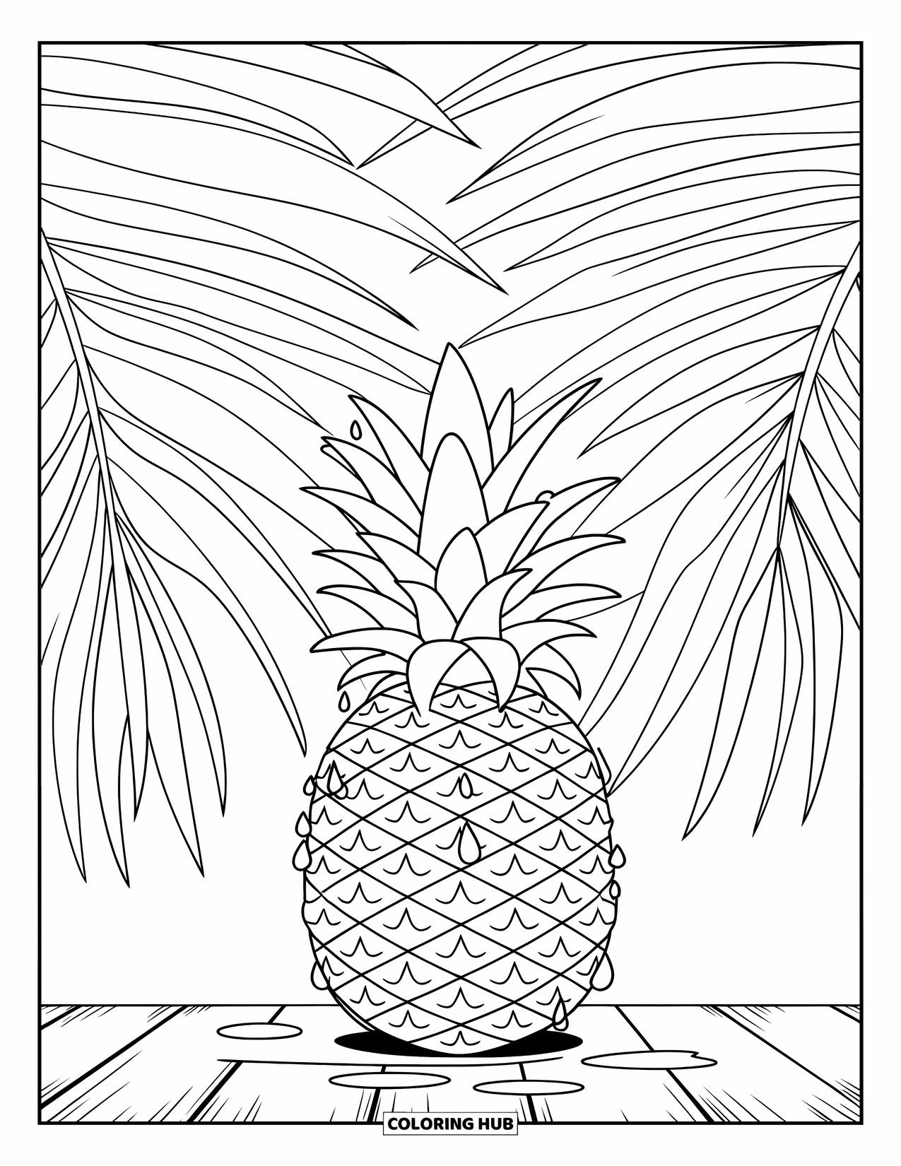 Pineapple Coloring Page for Kids: Textured pineapple with palm fronds on a wooden surface