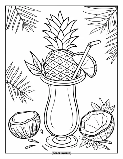 Coloriage d'ananas pour enfants : Boisson tropicale avec une rondelle d'ananas et un perroquet en arrière-plan
