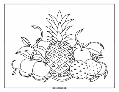 Coloriage d'ananas pour enfants : Fruits tropicaux avec un ananas central enveloppé de vignes décoratives