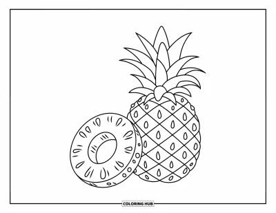 Coloriage d'ananas pour enfants : Ananas entier et rondelle avec une feuille sur le dessus