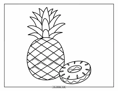 Coloriage d'ananas pour enfants : Ananas entier à côté d'une rondelle d'ananas, avec un dessin simple et joyeux