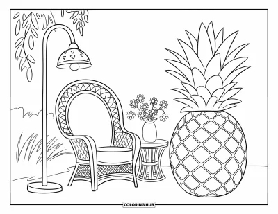 Coloriage d'ananas pour enfants : Fauteuil en osier, vase de fleurs et lampe ananas sur une terrasse estivale verdoyante