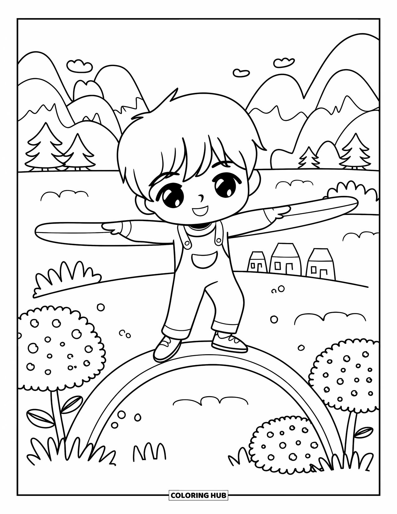 Playground Coloring Page for Adults: A boy balances like an airplane on a beam with flower bushes all around
