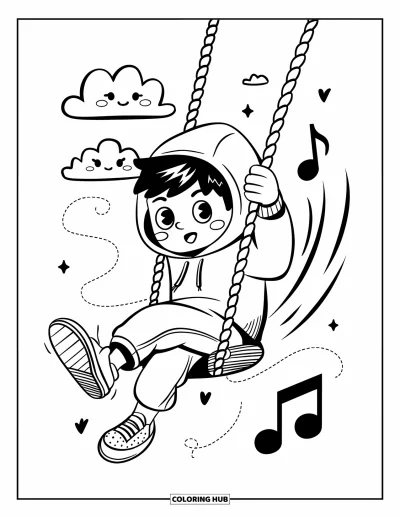 Coloriage d'aire de jeux pour adultes : Un garçon en sweat à capuche se balance très haut pendant que sa chaussure vole dans les airs