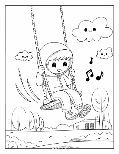 Coloriage d'aire de jeux pour adultes : Un garçon se balance très haut avec des notes de musique et des nuages souriants au-dessus de lui
