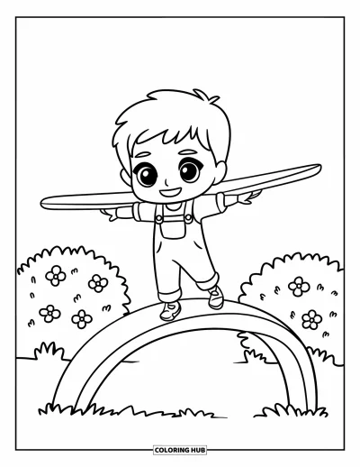Coloriage d'aire de jeux pour adultes : Un garçon marche sur une poutre courbée les bras en avion près de buissons en fleurs