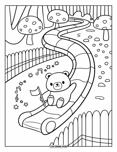 Coloriage d'aire de jeux pour adultes : Un ourson adorable descend un toboggan avec un drapeau tandis que des étoiles et de la musique tourbillonnent derrière lui