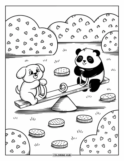 Coloriage d'aire de jeux pour adultes : Un chien et un panda jouent sur une balançoire à bascule avec des pierres en forme de bonbons à proximité