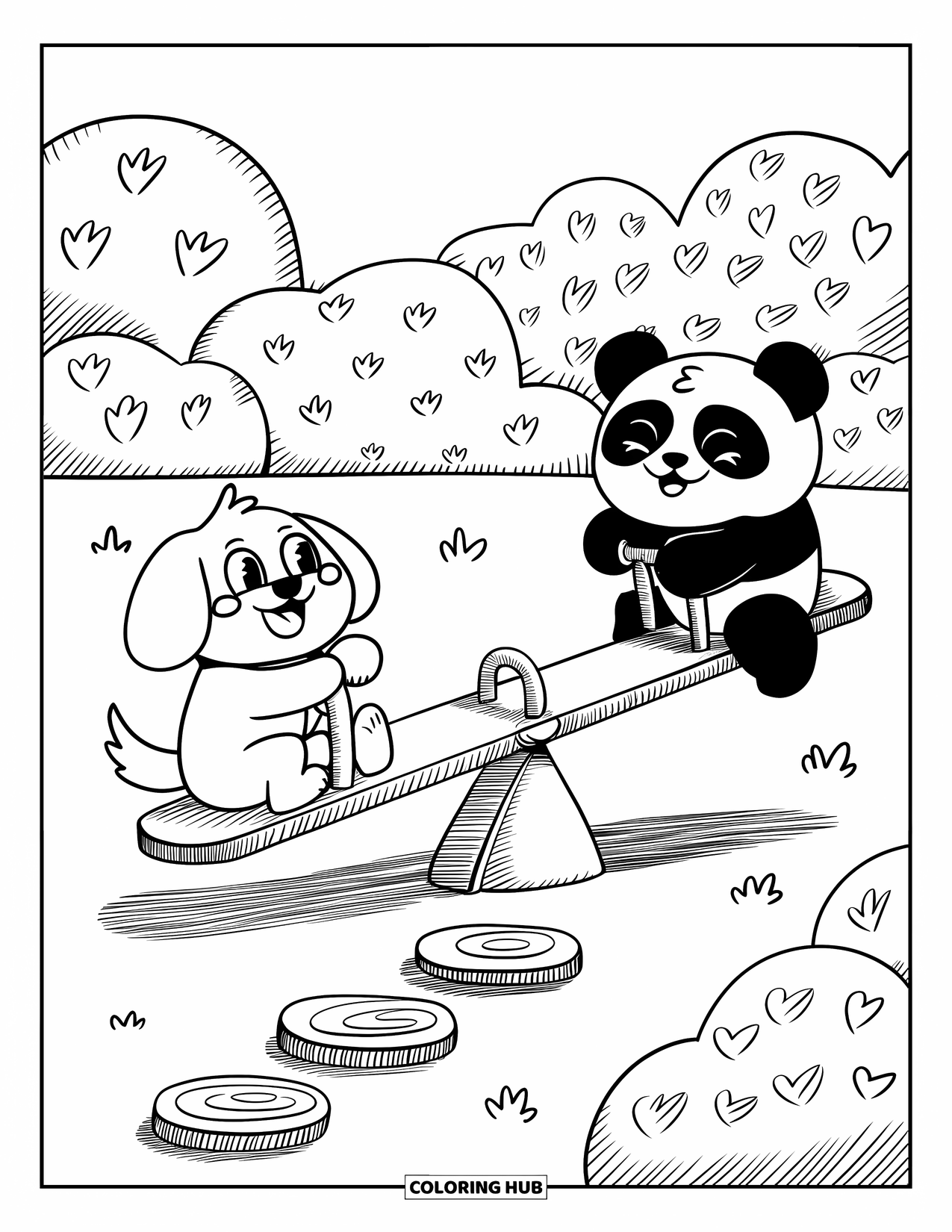 Playground Coloring Page for Adults: A dog and panda ride a see-saw near patterned bushes and candy-shaped stones
