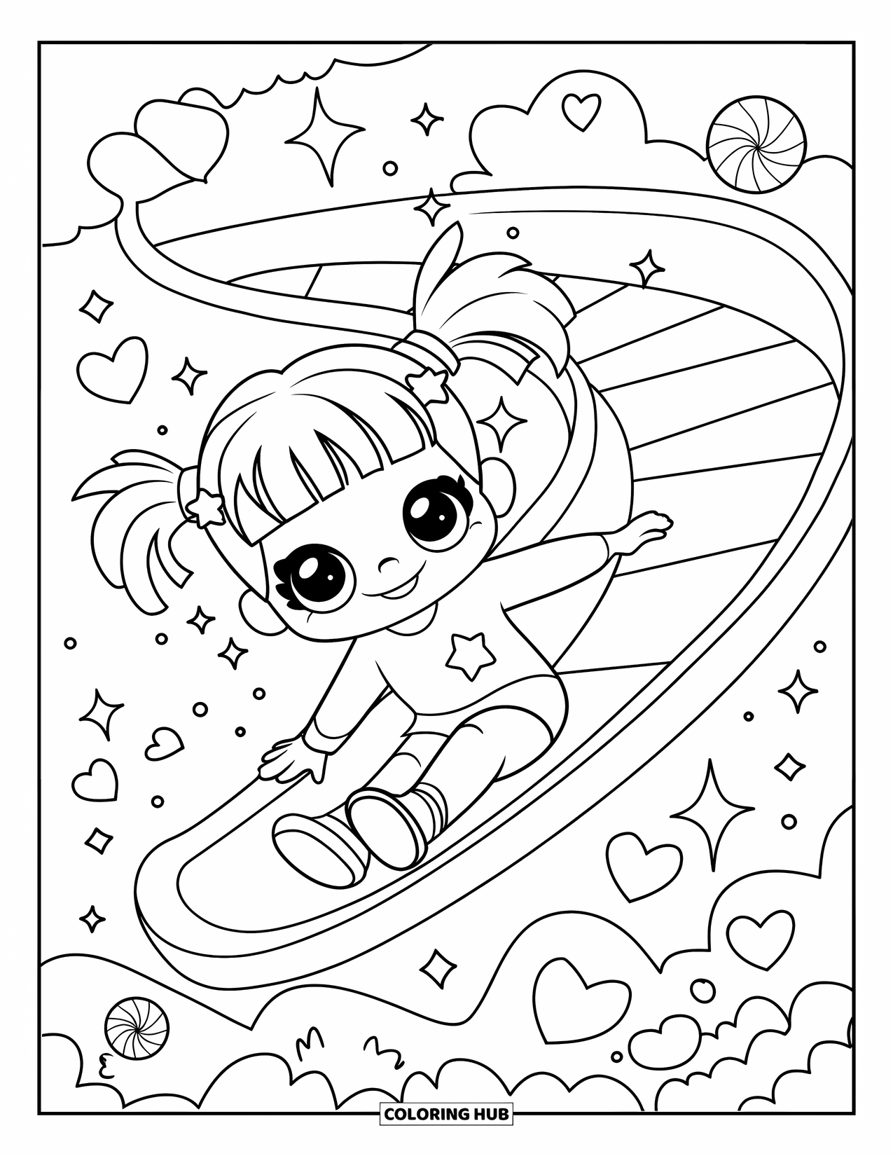 Playground Coloring Page for Adults: A girl with star clips slides down a spiral slide under floating hearts and sparkles