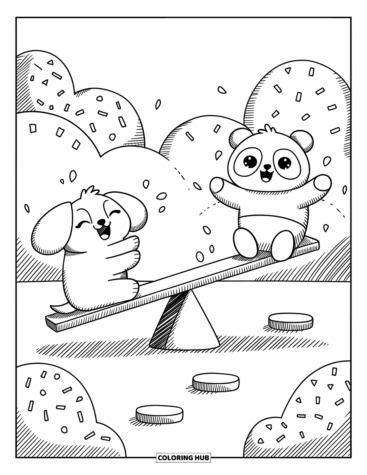 Playground Coloring Page for Adults: A happy dog and playful panda bounce on a see-saw with bushes all around