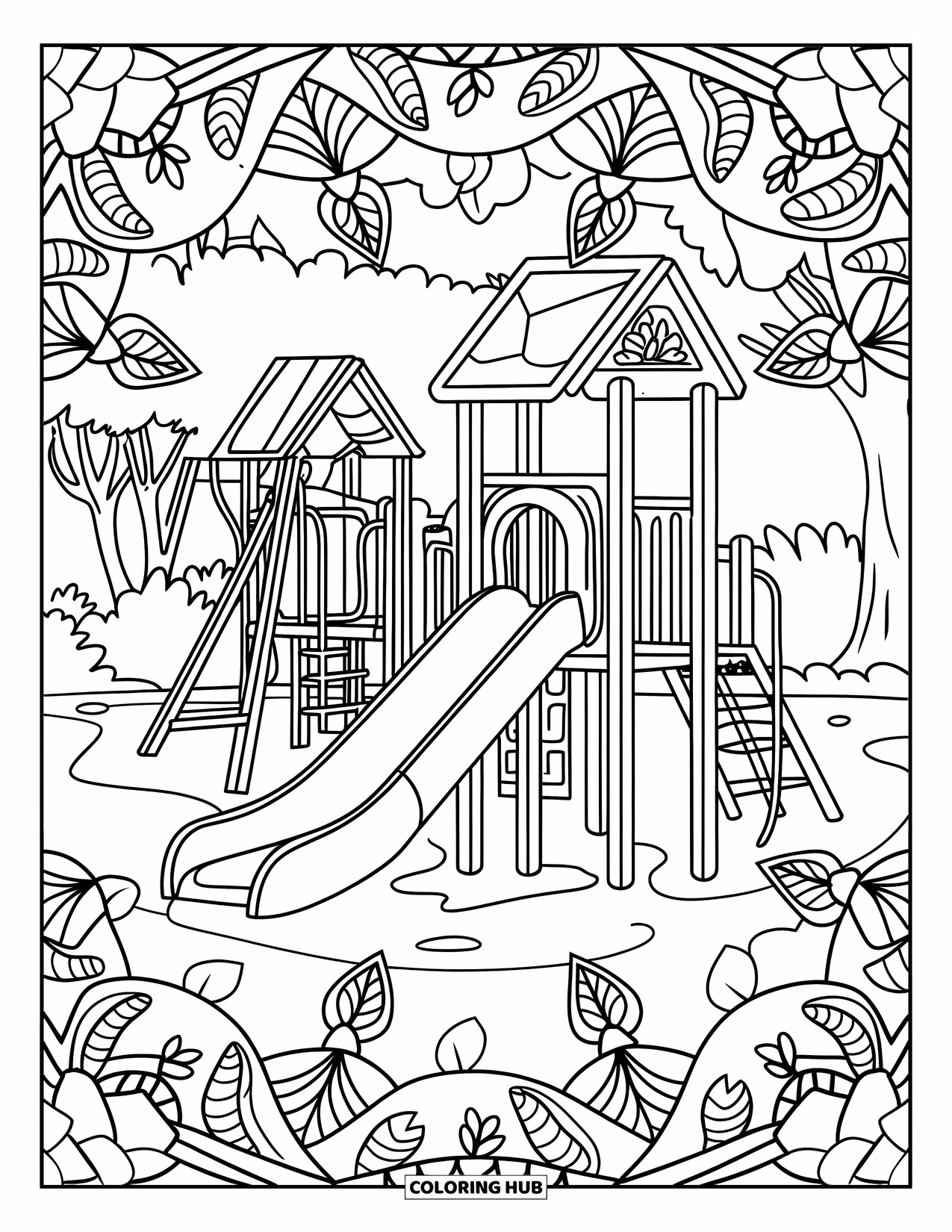 Playground Coloring Page for Adults: A panoramic playground with swings and slides features mandala patterns of leaves and stones