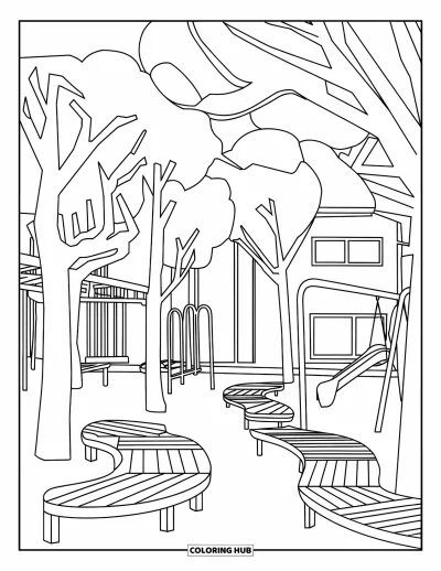 Coloriage d'aire de jeux pour adultes : Un coin d'aire de jeux paisible avec des balançoires, des bancs et des arbres près d'un bâtiment au loin