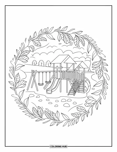 Coloriage d'aire de jeux pour adultes : Une aire de jeux avec des balançoires et des toboggans est enveloppée de motifs de feuilles et de pierres en forme de mandala
