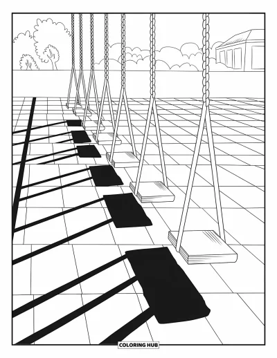 Coloriage d'aire de jeux pour adultes : Une rangée paisible de balançoires en bois projette de longues ombres sur un sol carrelé à motifs