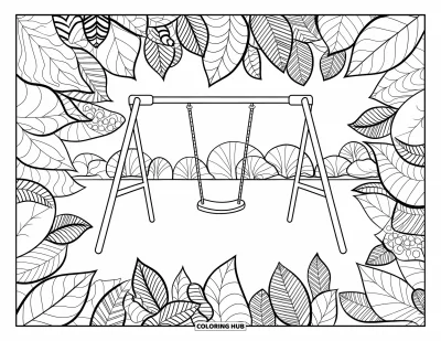 Coloriage d'aire de jeux pour adultes : Une seule balançoire se balance doucement dans une aire de jeux paisible entourée de feuilles à motifs