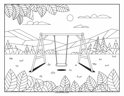 Coloriage d'aire de jeux pour adultes : Une balançoire se balance au crépuscule dans une aire de jeux apaisante encadrée de feuilles à motifs