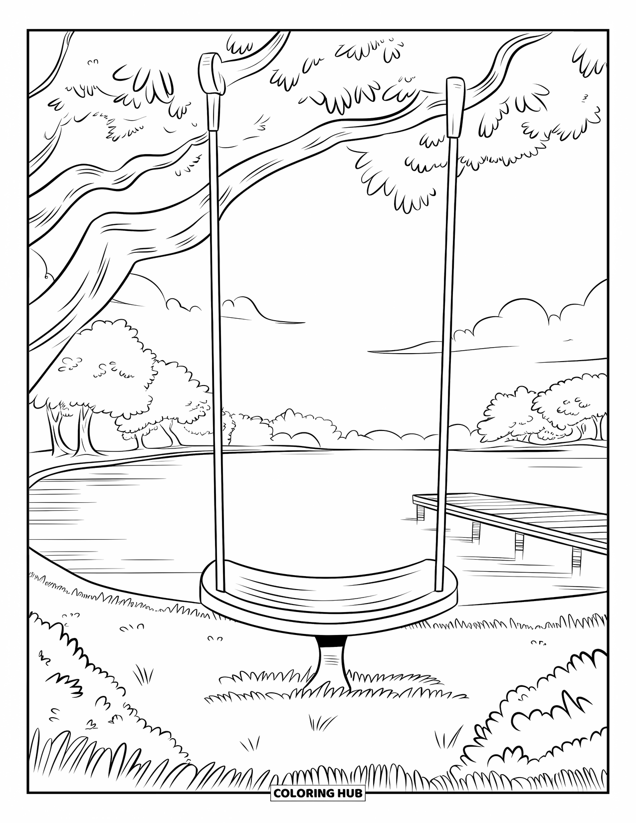 Playground Coloring Page for Adults: A teeter-totter sits alone near a calm lake and a wooden dock
