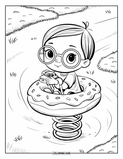 Coloriage d'aire de jeux pour adultes : Un tout-petit s'accroche à une voiture jouet en rebondissant sur un cheval à bascule en forme de beignet