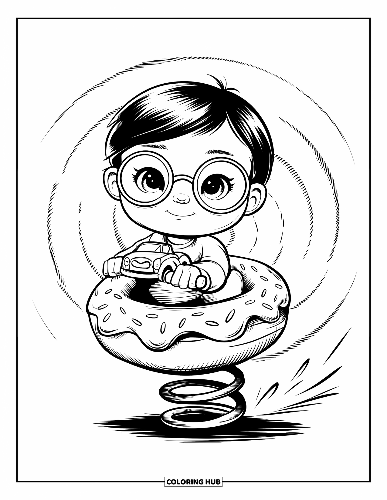 Playground Coloring Page for Adults: A toddler with a toy car rides a springy donut toy with spirals in the background