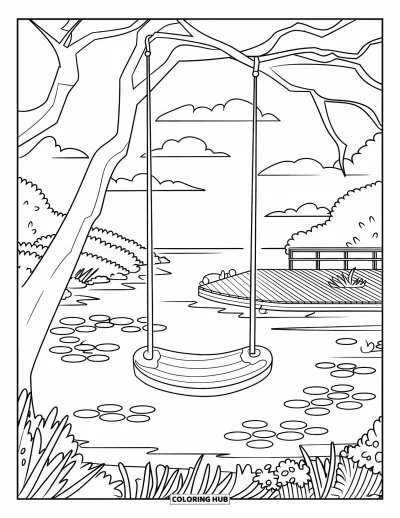 Coloriage d'aire de jeux pour adultes : Un parc tranquille avec une balançoire à bascule, un lac et une terrasse sous des nuages doux