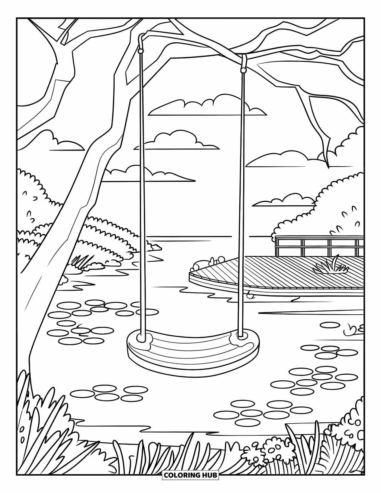 Playground Coloring Page for Adults: A tranquil park with a teeter-totter, lake, and deck beneath soft clouds