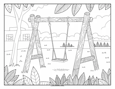 Coloriage d'aire de jeux pour adultes : Une balançoire en bois se balance doucement au crépuscule, avec des arbres et des feuilles à motifs à proximité