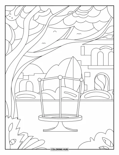 Coloriage d'aire de jeux pour adultes : Une balançoire à bascule vide repose sous des branches d'arbres dans un coin de parc serein