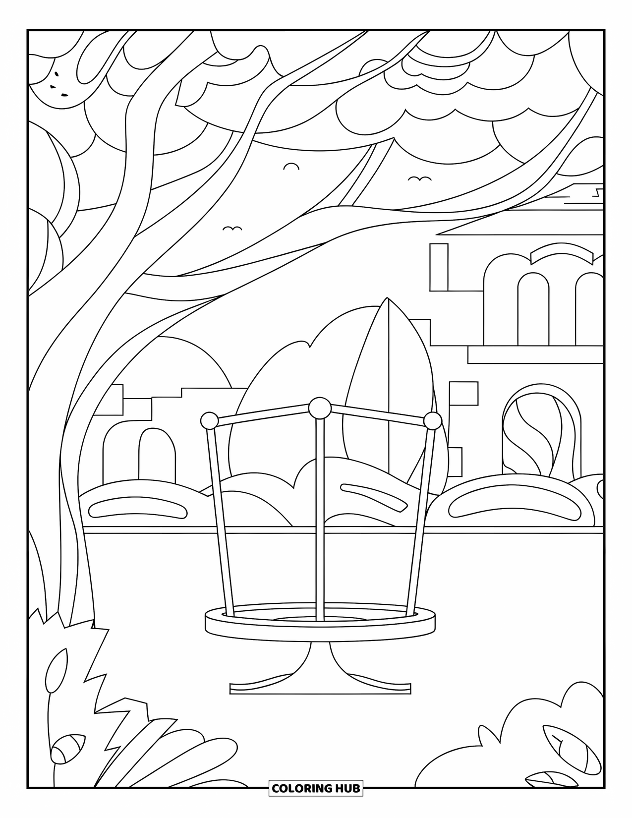 Playground Coloring Page for Adults: An empty teeter-totter rests under tree branches in a quiet park scene