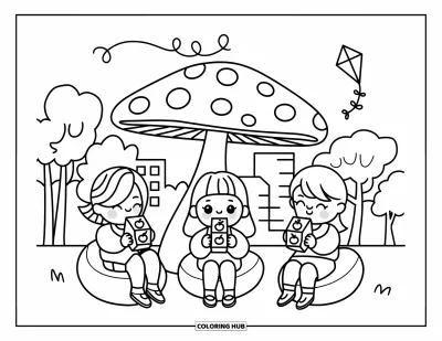 Coloriage d'aire de jeux pour adultes : Des enfants assis sous un baldaquin en forme de champignon sirotent du jus pendant qu'un cerf-volant en forme de cœur vole au-dessus