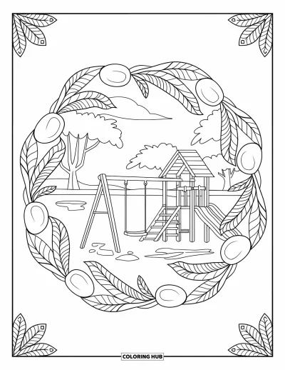 Coloriage d'aire de jeux pour adultes : Des structures de jeux se mêlent à des motifs de feuilles et de pierres en mandala dans un cadre serein