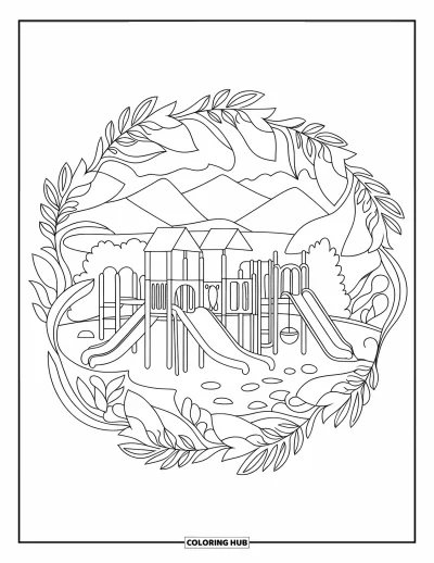 Coloriage d'aire de jeux pour adultes : Des toboggans et des structures d'escalade sont enveloppés de motifs de feuilles en mandala près d'arbres et de montagnes