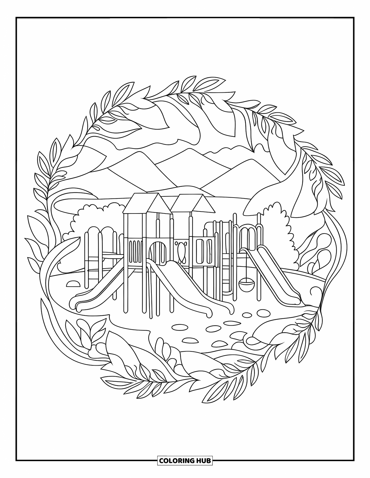 Playground Coloring Page for Adults: Slides and climbing structures are wrapped in leafy mandala designs near trees and mountains