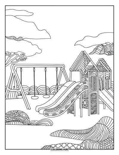 Coloriage d'aire de jeux pour adultes : Des balançoires et des toboggans se mêlent à des dessins zentangle dans un paysage de jeux moderne