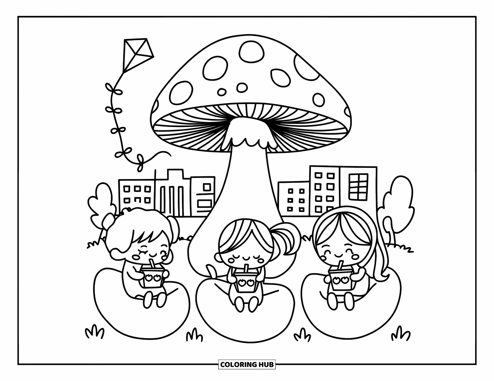 Playground Coloring Page for Adults: Three kids rest under a mushroom-shaped canopy with boxed drinks and a heart-shaped kite string