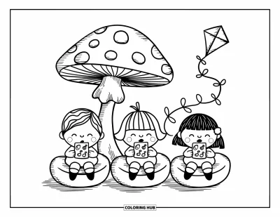 Coloriage d'aire de jeux pour adultes : Trois enfants boivent du jus sous un baldaquin en forme de champignon tandis qu'un cerf-volant en forme de cœur flotte au-dessus
