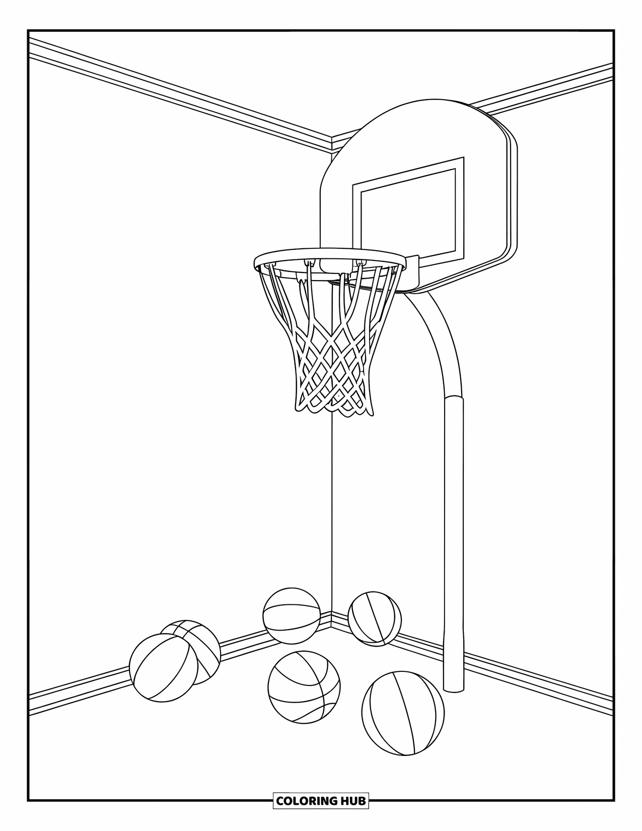 Playground Coloring Page for Kids: A basketball hoop and playground gear fill a playful corner space with lots to explore
