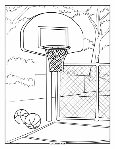 Coloriage d'aire de jeux pour enfants : Un panier de basketball se dresse dans un coin calme de l'aire de jeux avec des ballons éparpillés sur le sol