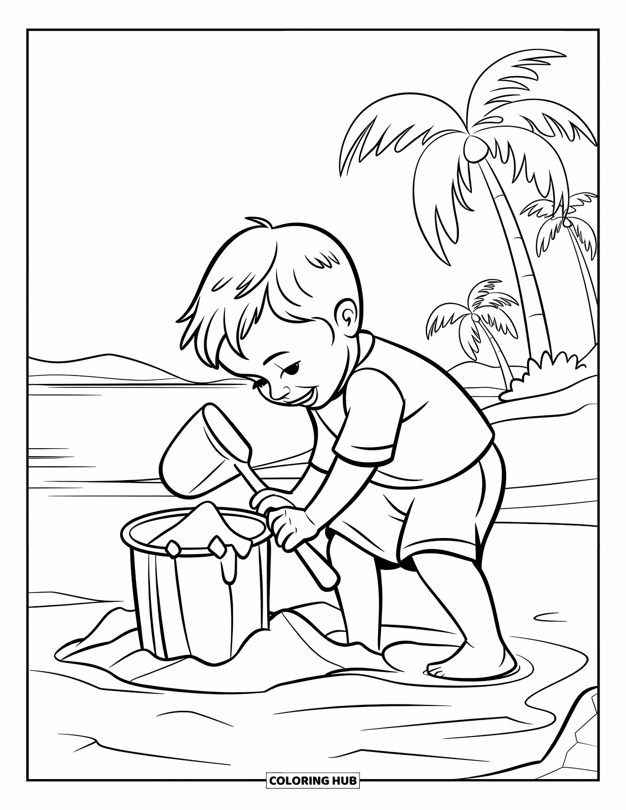 Playground Coloring Page for Kids: A child builds a sandcastle near palm trees, water, and a sunny open sky