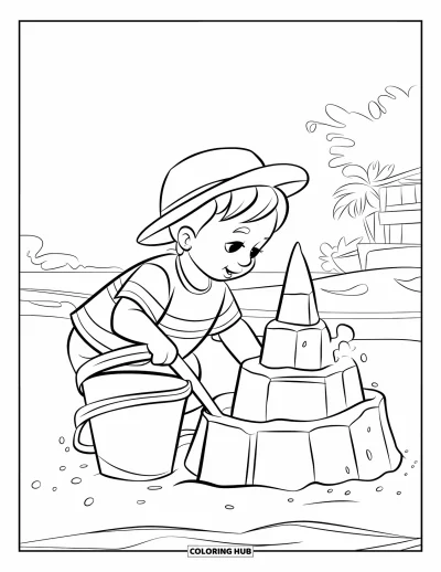 Coloriage d'aire de jeux pour enfants : Un enfant construit un grand château de sable avec un seau et une pelle sous un ciel dégagé