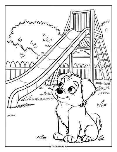 Coloriage d'aire de jeux pour enfants : Un chiot dodu au pelage duveteux est assis près d'un toboggan en bois et d'une clôture