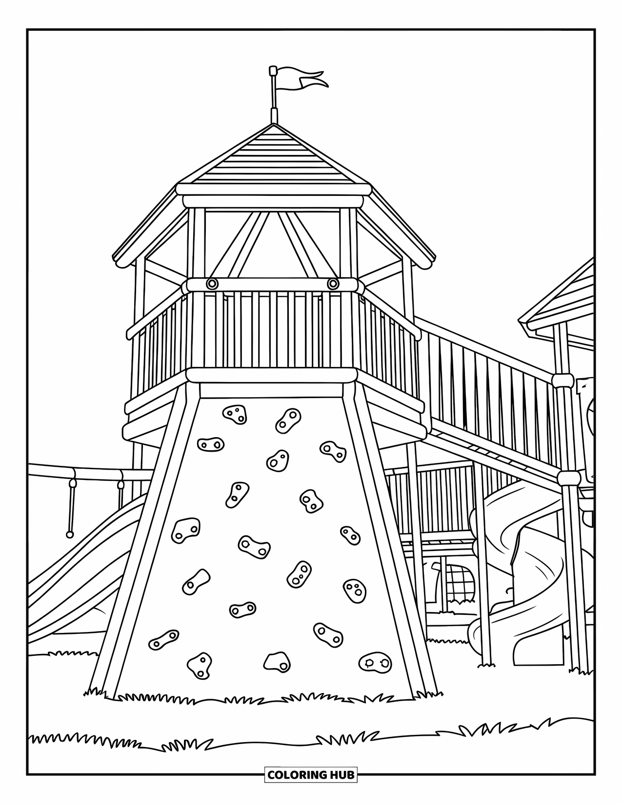 Playground Coloring Page for Kids: A climbing wall and tower with slides and rails sit near trees and grassy ground