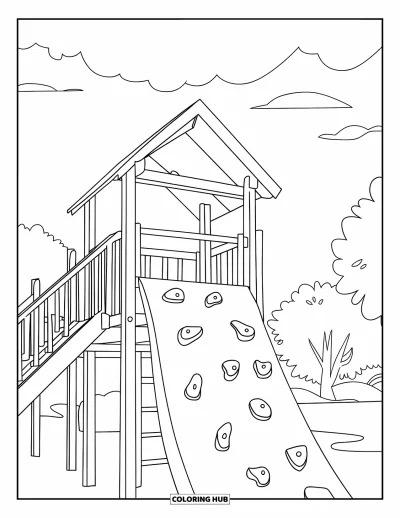 Coloriage d'aire de jeux pour enfants : Un mur d'escalade avec des prises colorées se dresse sur une tour sous des nuages et des arbres