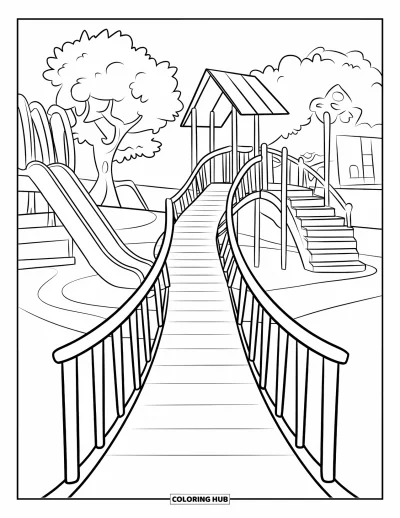 Coloriage d'aire de jeux pour enfants : Un pont arrondi relie des structures de jeux avec des toboggans, des balançoires et des escaliers près d'arbres et d'un bâtiment