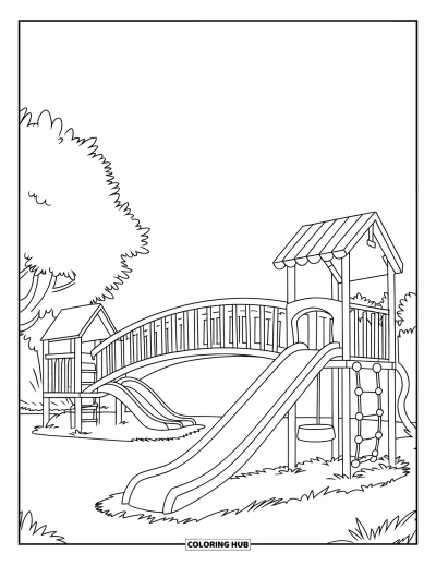 Coloriage d'aire de jeux pour enfants : Un pont arrondi relie deux aires de jeux avec un toboggan, une balançoire et une échelle entourés d'herbe